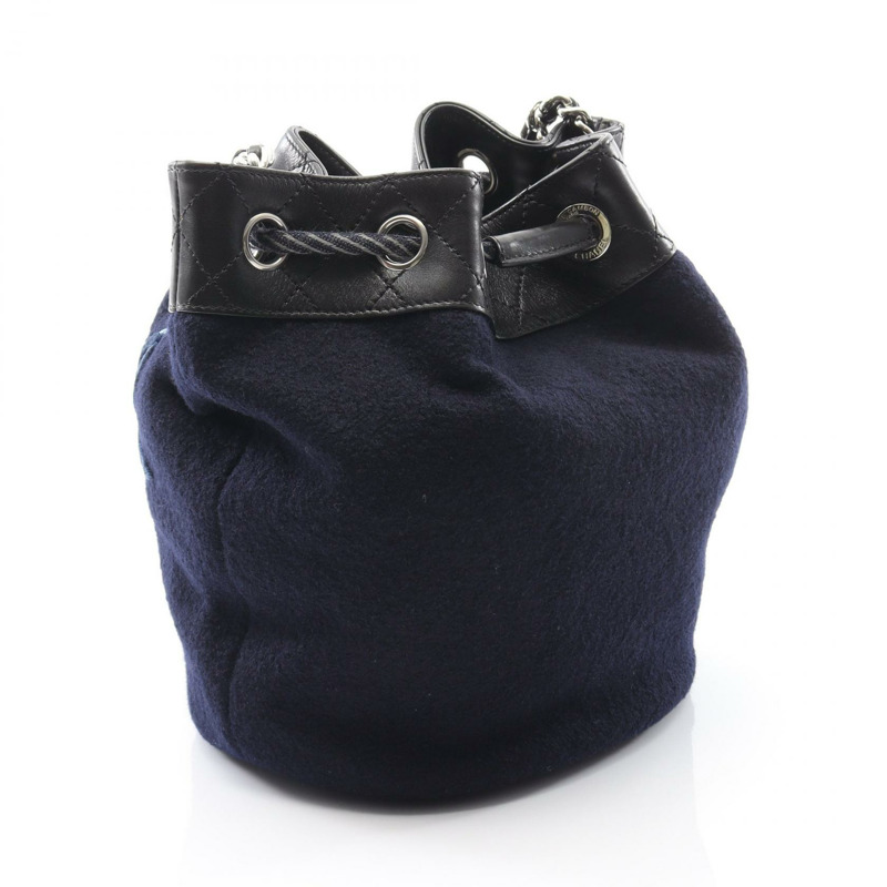 CHANEL 刺繡單肩包 A57540 羊毛皮革海軍藍黑色二手女款 SHW CC-1