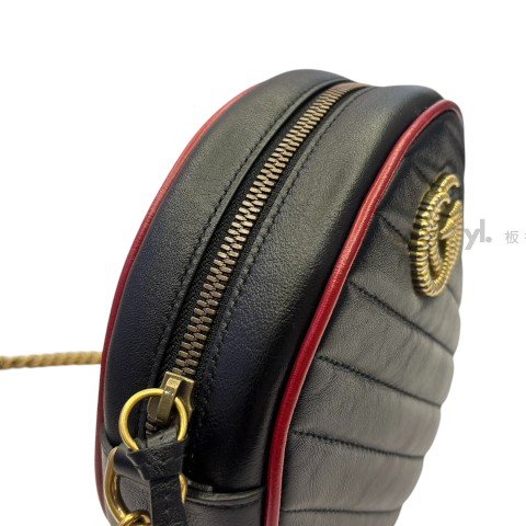 GUCCI GG Marmont 黑牛皮紅邊圓餅包550154-9