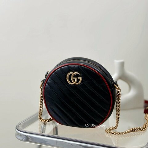 GUCCI GG Marmont 黑牛皮紅邊圓餅包550154