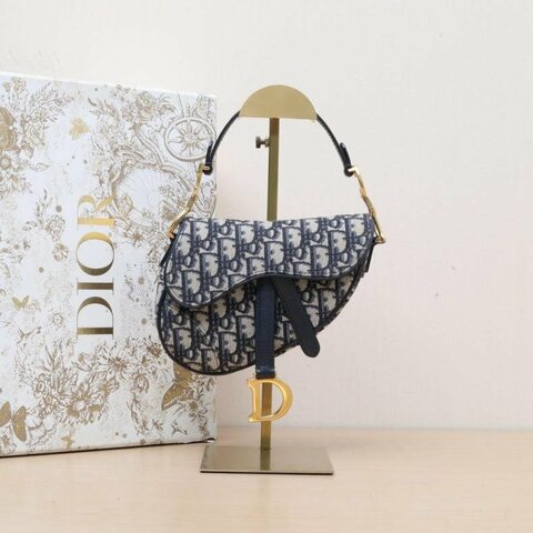 DIOR SADDLE馬鞍小號21無肩帶墨藍色帆布金扣2018Oblique印花肩背包