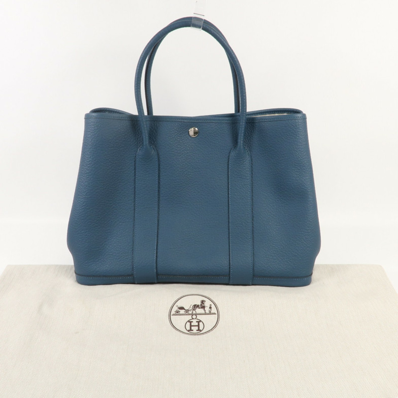 HERMES Country皮革Garden Party PM銀扣手挽袋Bleu De Prusse-9