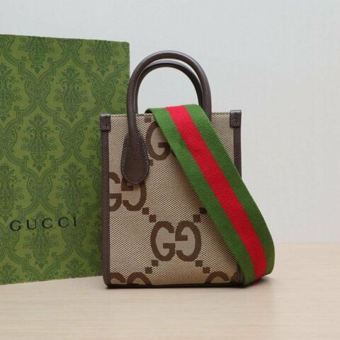 GUCCI 飾大號雙G圖案迷你托特包配紅綠織帶肩帶烏木色帆布金扣肩背包