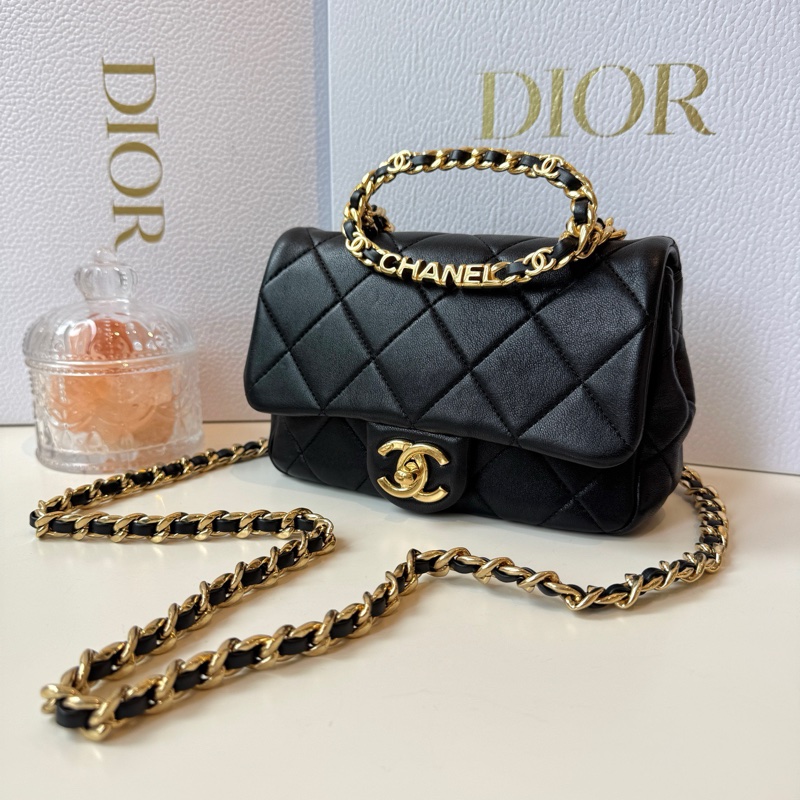 Chanel 23C黑金格陵紋 圓環字母logo手柄 尺寸約19x13.5x6cm-0