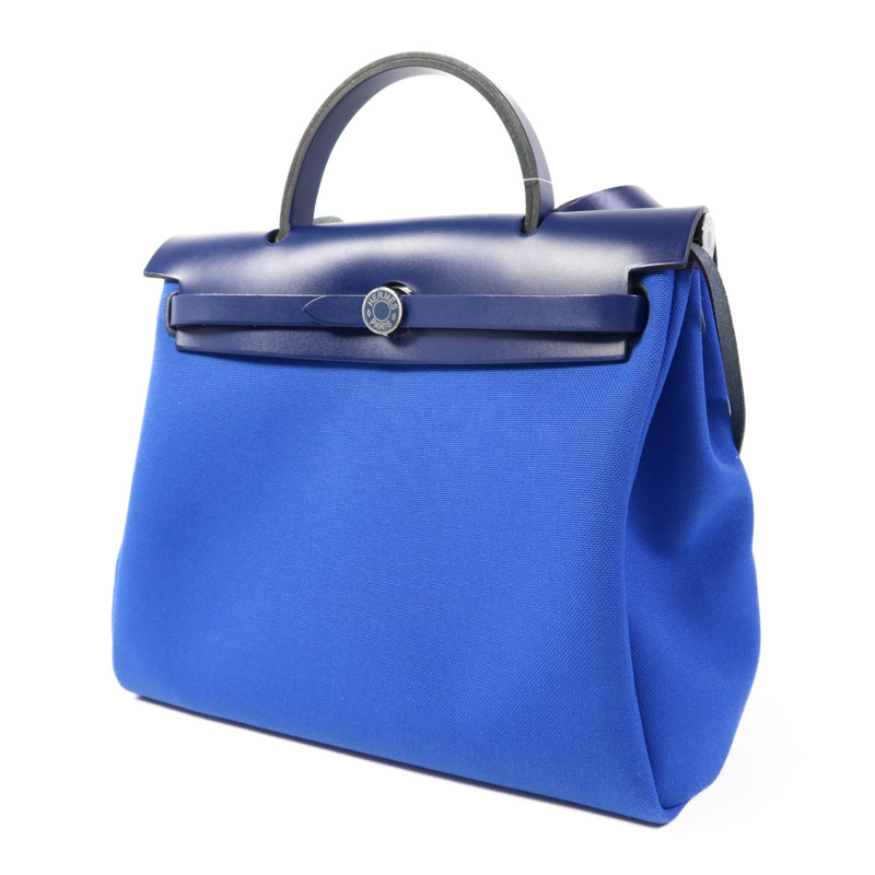 HERMES 帆布Herbag PM銀扣手挽肩背兩用袋Bleu Billard-2