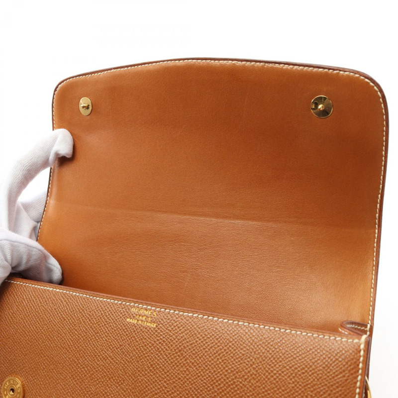 HERMES Doggy Medall 金色單肩包 Courchevel 皮革棕色二手女款 GHW-5