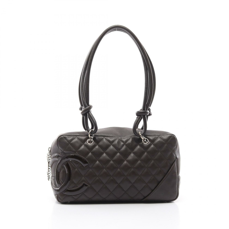CHANEL Cambon 線保齡球單肩包 A25171 漆皮棕色二手 SHW-0