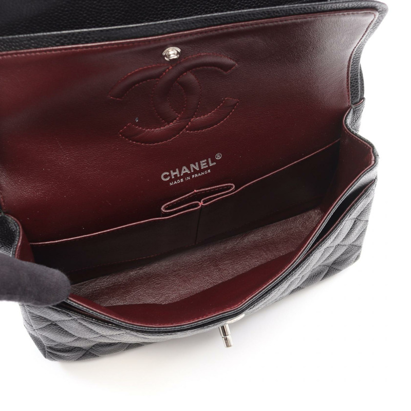 CHANEL Matelasse 雙翻蓋鏈條單肩包粒面小牛皮黑色二手 SHW-2