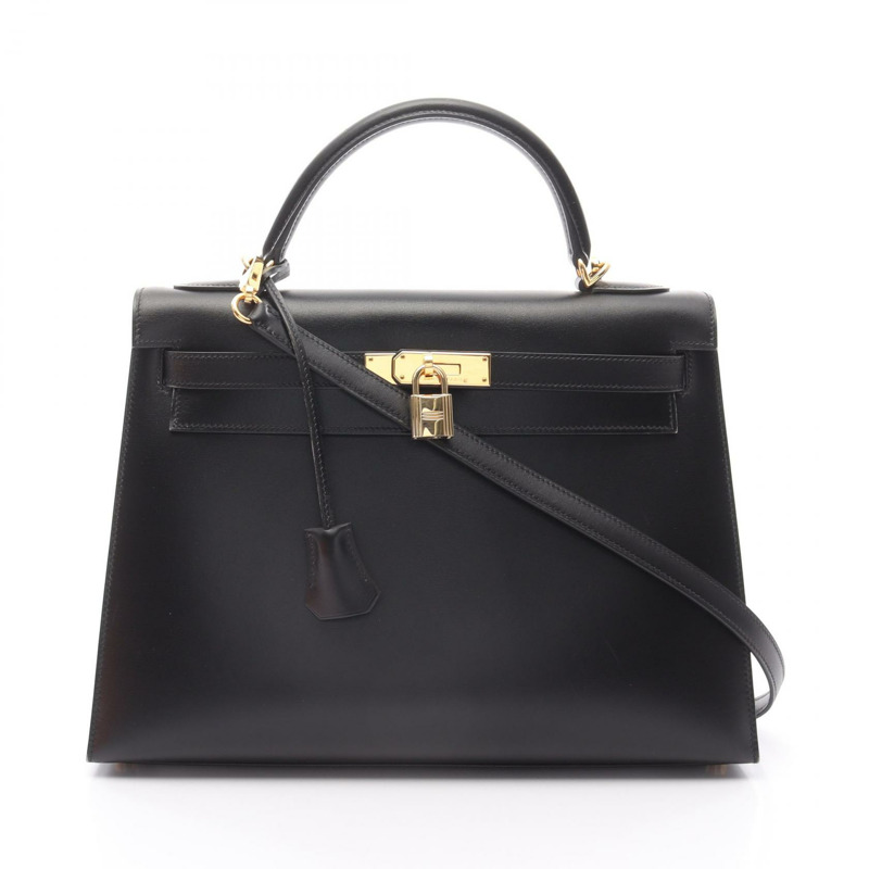 HERMES Kelly 32 單肩包 手提包 盒子 小牛皮 黑色 二手 女款 GHW F-0