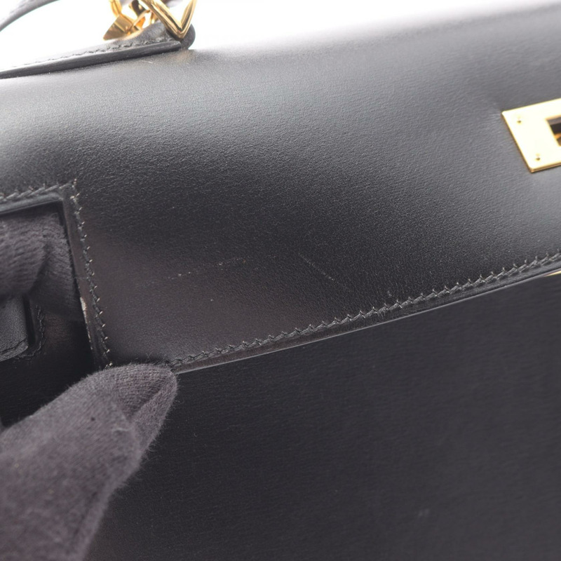 HERMES Kelly 32 單肩包 手提包 盒子 小牛皮 黑色 二手 女款 GHW F-5