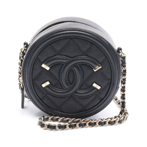 CHANEL CC Figley 鏈條單肩包皮革粒面小牛皮黑色二手 GHW CC