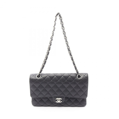 CHANEL Matelasse W 翻蓋鏈條單肩包 A01112 皮革黑二手女款 GHW
