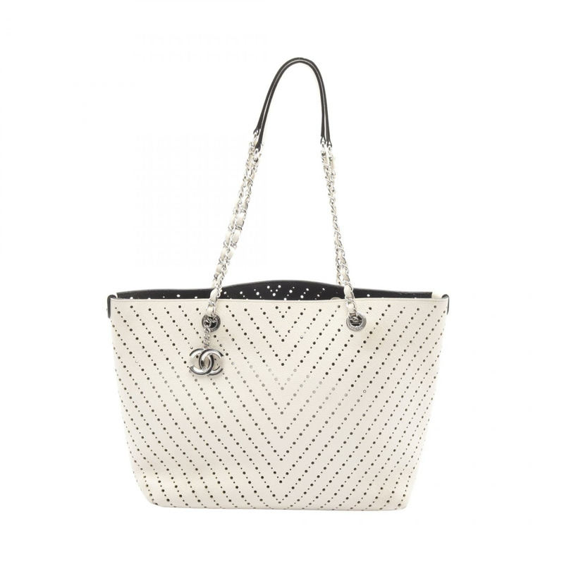 CHANEL COCO Mark 鏈條單肩托特包 A93260 皮革 米色 二手 女款 SHW-0