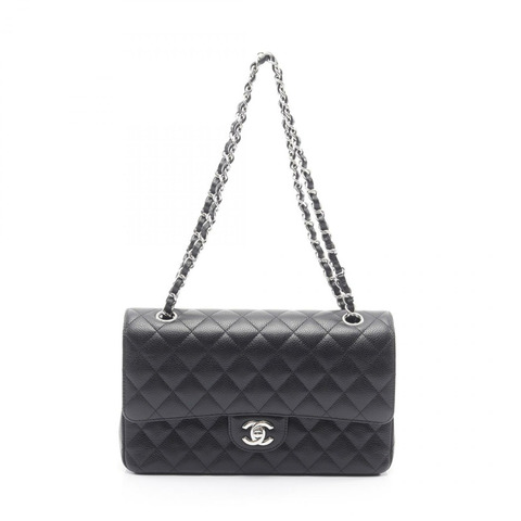 CHANEL Matelasse W 翻蓋鏈條單肩包 A01112 皮革 黑色 二手 女款 SHW