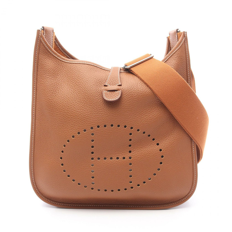 HERMES Evelyne Troyes PM 單肩包 Clemence 皮革 棕色 金 二手 SHW U-0