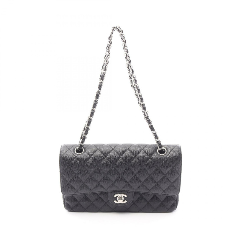 CHANEL Matelasse W 翻蓋鏈條單肩包 小牛皮 黑色 二手 女款 SHW COCO CC-0