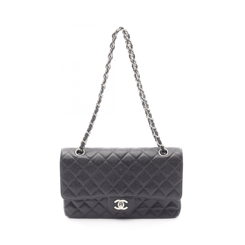 CHANEL Matelasse W 翻蓋鏈條單肩包 小牛皮 黑色 二手 女款 SHW COCO-0