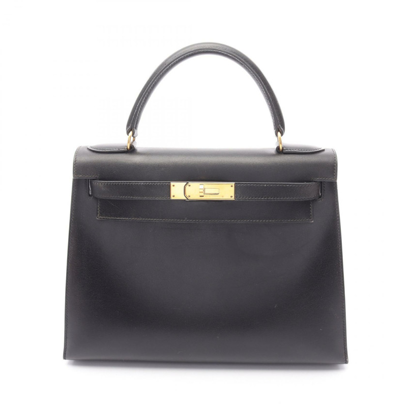 HERMES Kelly 28 單肩包 手提包 盒子 小牛皮 黑色 二手 女款 Z GHW-0