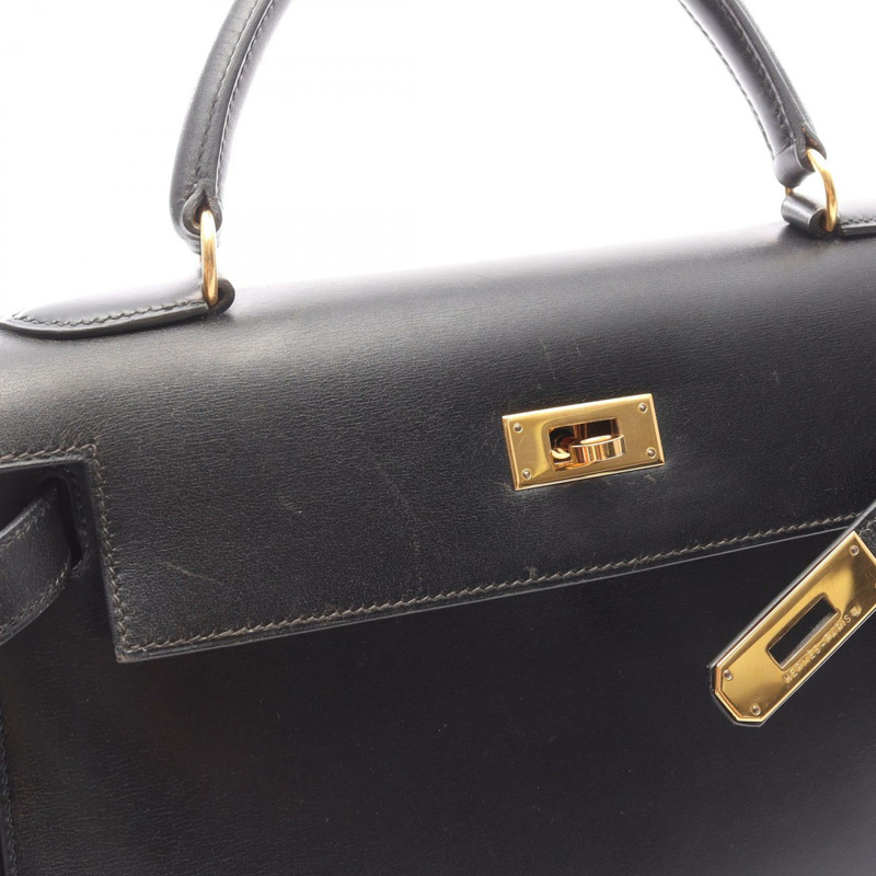HERMES Kelly 28 單肩包 手提包 盒子 小牛皮 黑色 二手 女款 Z GHW-8