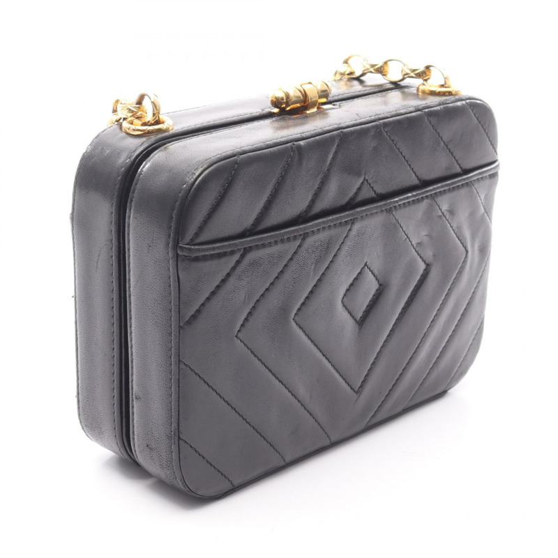 CHANEL COCO 馬克鑽石縫線單肩包小羊皮黑二手女款 GHW-1