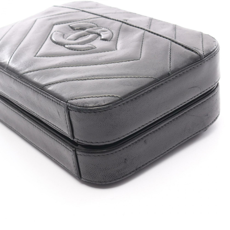 CHANEL COCO 馬克鑽石縫線單肩包小羊皮黑二手女款 GHW-9