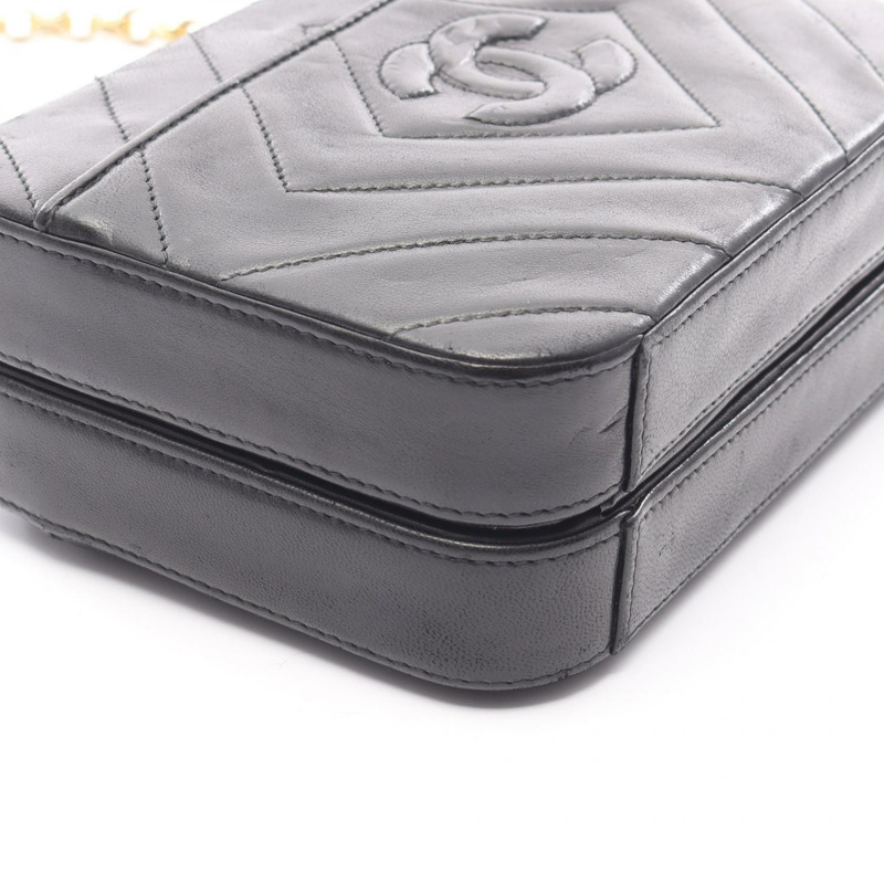 CHANEL COCO 馬克鑽石縫線單肩包小羊皮黑二手女款 GHW-10