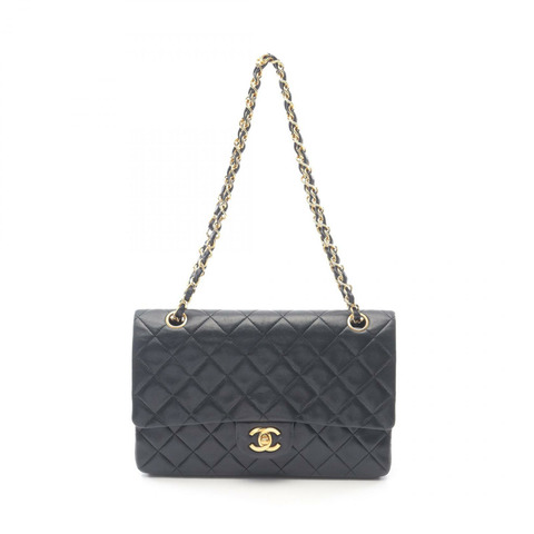 CHANEL Matelasse W 翻蓋鏈條單肩包 小羊皮 黑色 二手 女款 GHW