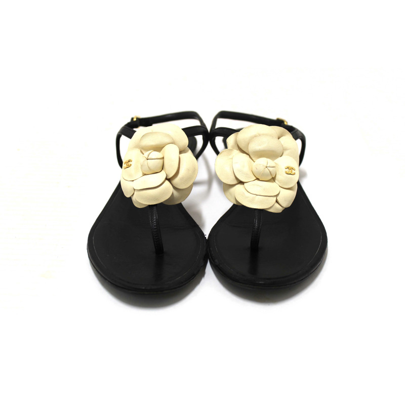 Chanel Black & White Leather Camellia Thong Sandals Size 37C-1