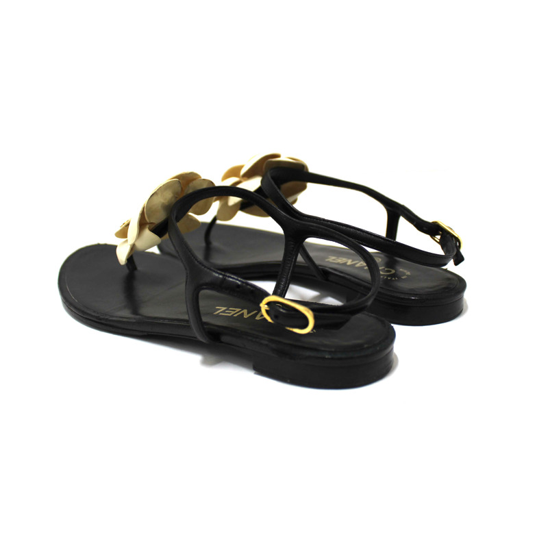 Chanel Black & White Leather Camellia Thong Sandals Size 37C-3