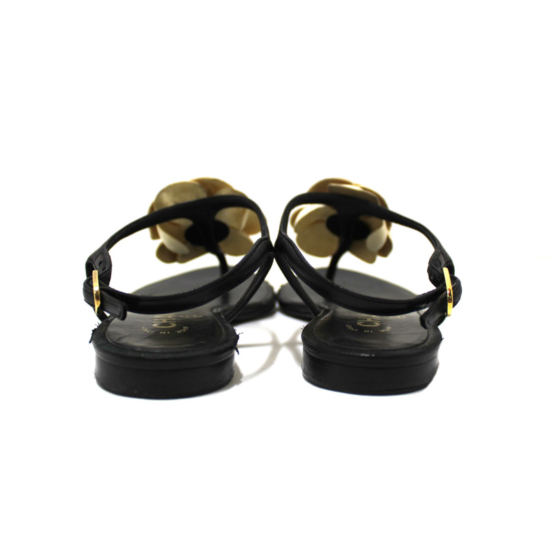 Chanel Black & White Leather Camellia Thong Sandals Size 37C-4