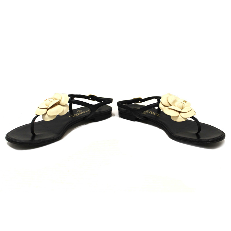 Chanel Black & White Leather Camellia Thong Sandals Size 37C-5
