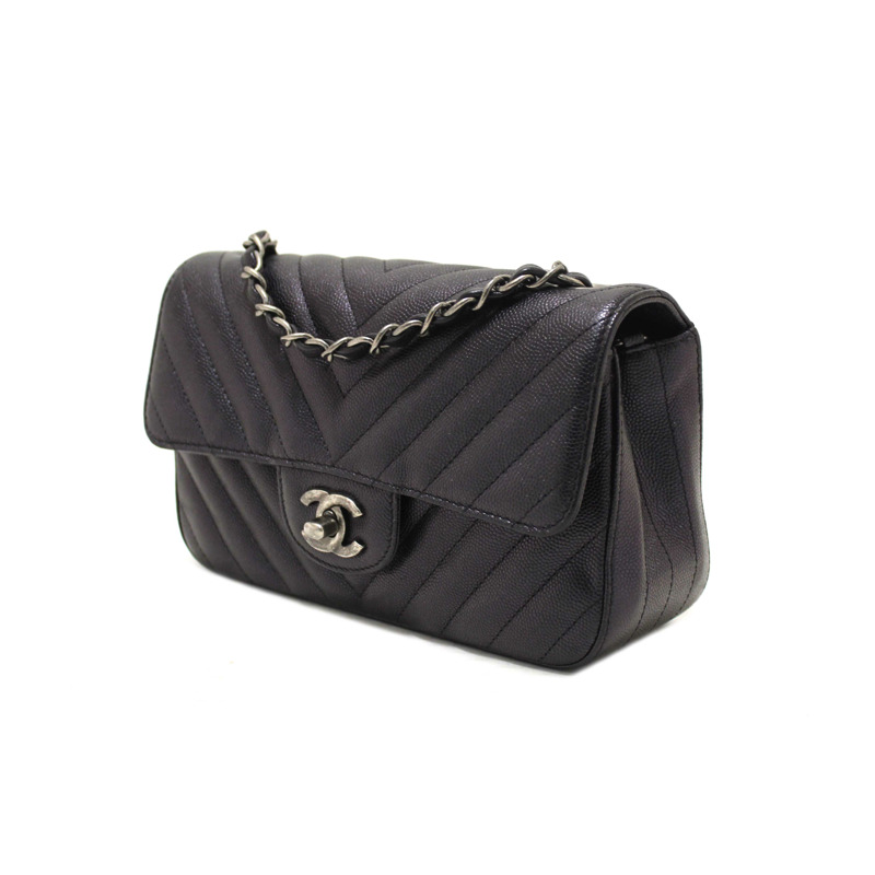 Chanel Black Iridescent Caviar Chevron Quilted Mini Rectangular Flap Bag-2