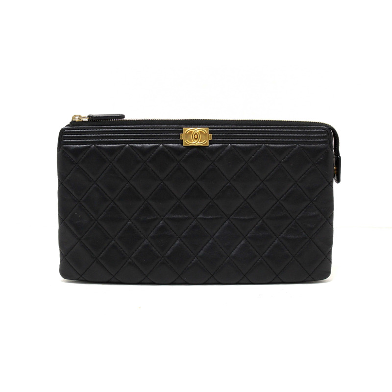 Chanel Black Lambskin Quilted Small Boy Zipped Pouch-0