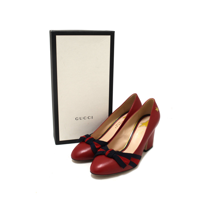 Gucci Red Smooth Calfskin Leather Web Bow Malaga Pumps Size 39-0