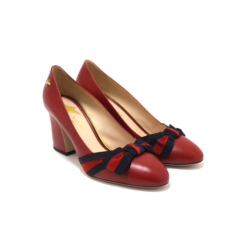 Gucci Red Smooth Calfskin Leather Web Bow Malaga Pumps Size 39-1