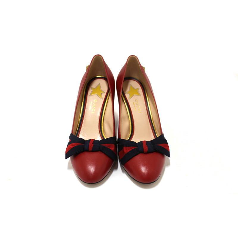 Gucci Red Smooth Calfskin Leather Web Bow Malaga Pumps Size 39-2