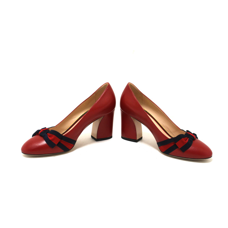 Gucci Red Smooth Calfskin Leather Web Bow Malaga Pumps Size 39-3