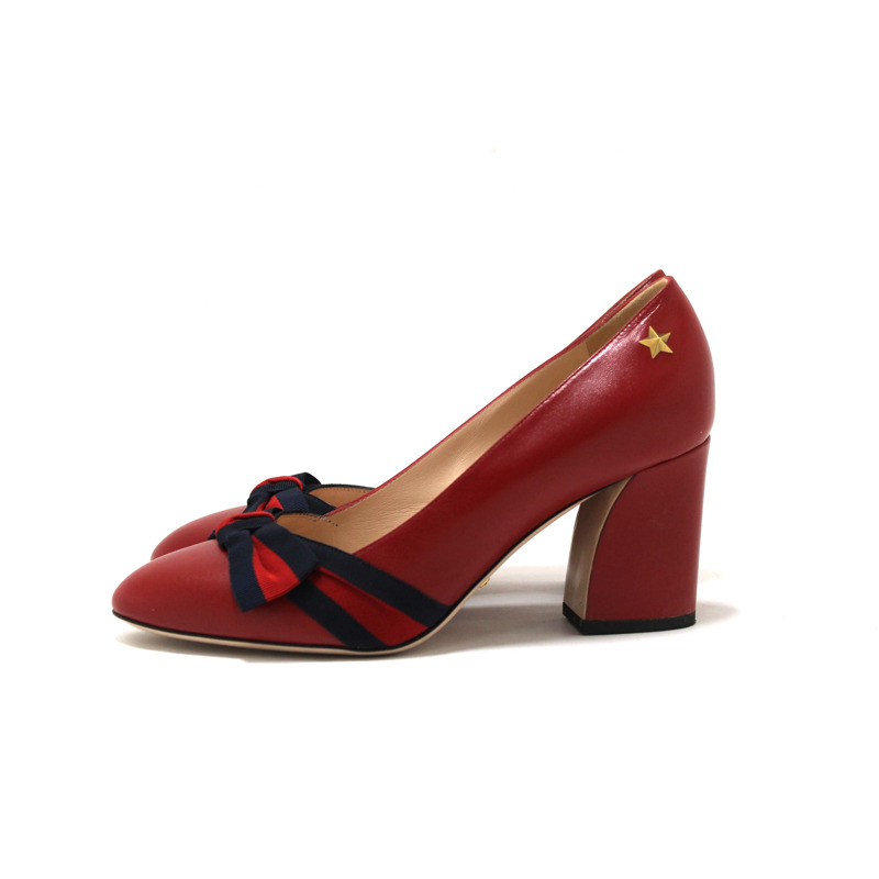 Gucci Red Smooth Calfskin Leather Web Bow Malaga Pumps Size 39-4