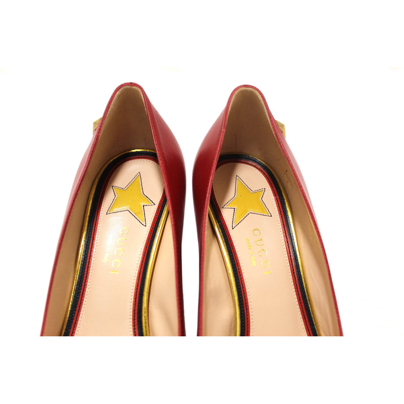 Gucci Red Smooth Calfskin Leather Web Bow Malaga Pumps Size 39-14