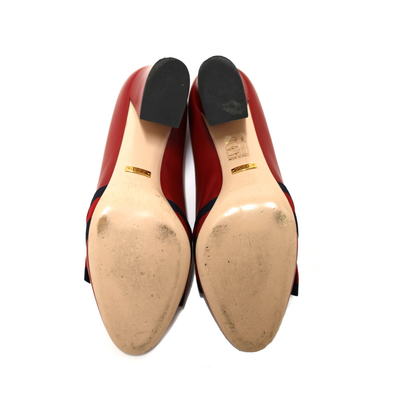 Gucci Red Smooth Calfskin Leather Web Bow Malaga Pumps Size 39-15