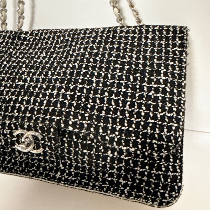 CHANEL A66258 CF30 黑白斜紋軟呢口蓋包鏈條包 30CM-3