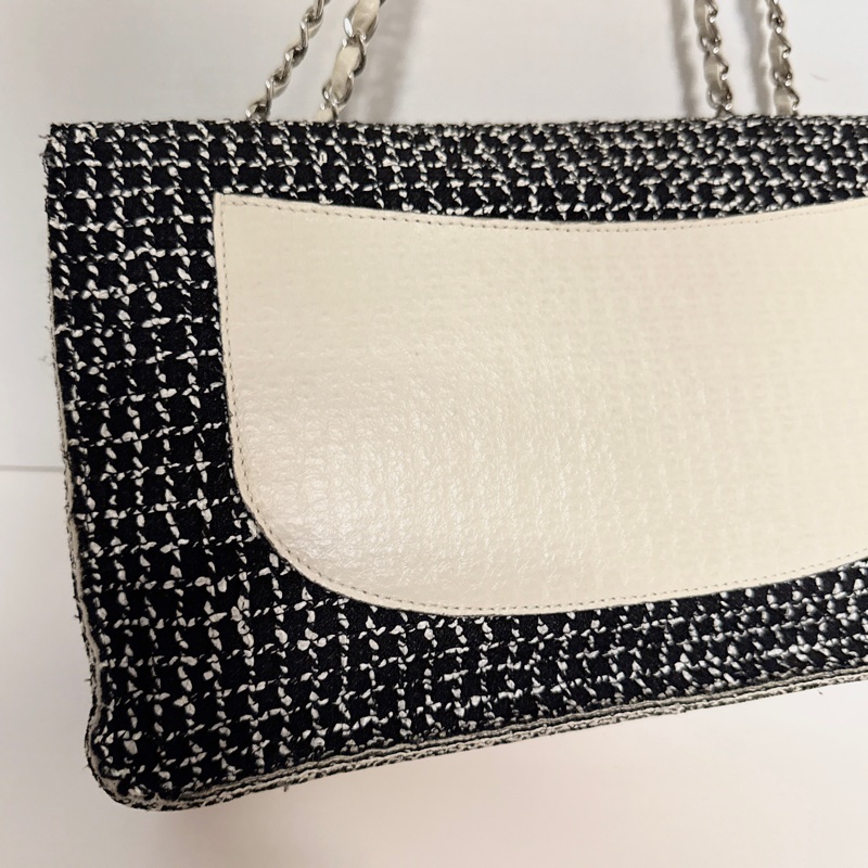CHANEL A66258 CF30 黑白斜紋軟呢口蓋包鏈條包 30CM-9