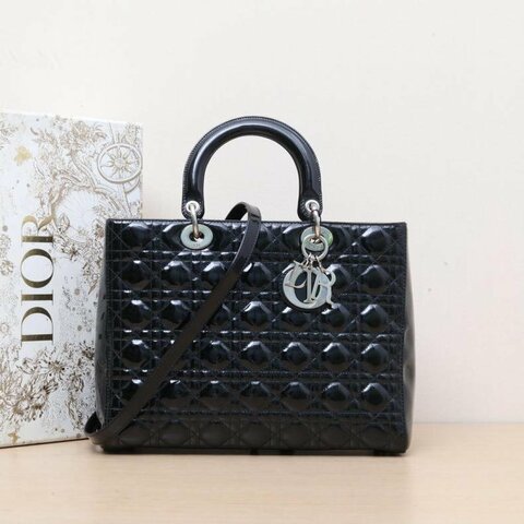 DIOR Lady戴妃包七格黑色漆皮銀扣2013肩背包