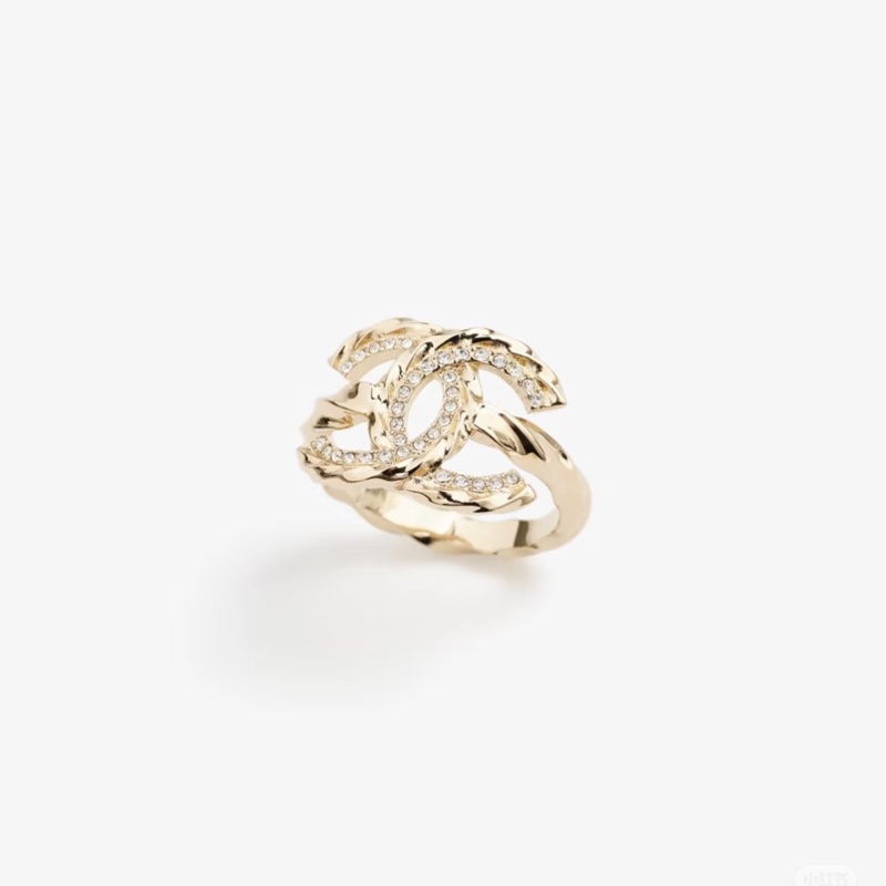 全新Chanel logo 麻花扭結帶鑽 金色戒指 歐碼54號-0