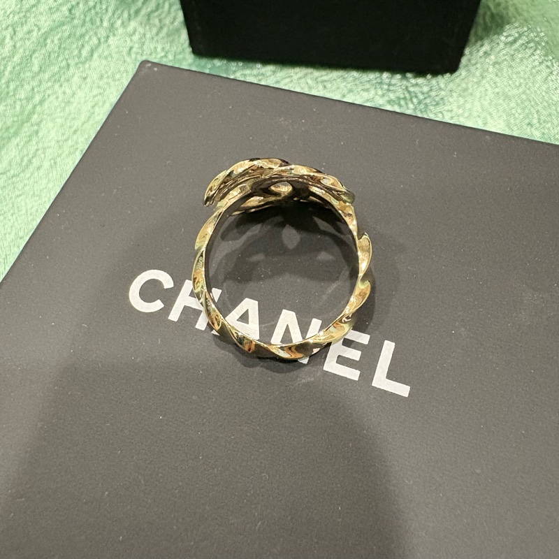 全新Chanel logo 麻花扭結帶鑽 金色戒指 歐碼54號-4