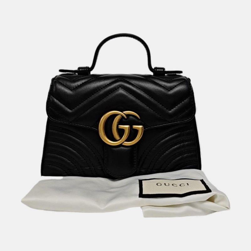 【專櫃新款】GUCCI GG Marmont 迷你 黑色牛皮绗縫波浪紋手提包  金色五金 無肩帶-7