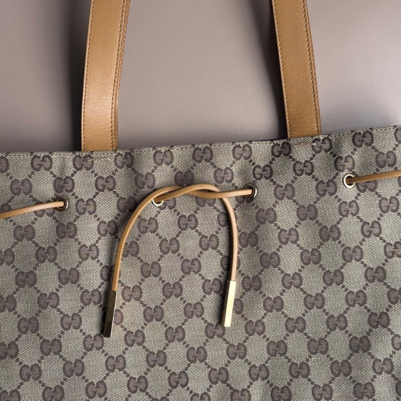 ::GUCCI:: 米色烏木色GG帆布拼接焦糖色牛皮金釦肩背包 手提包 托特包-1