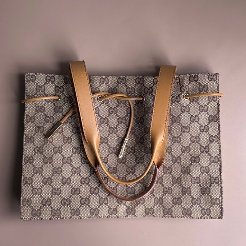 ::GUCCI:: 米色烏木色GG帆布拼接焦糖色牛皮金釦肩背包 手提包 托特包-2