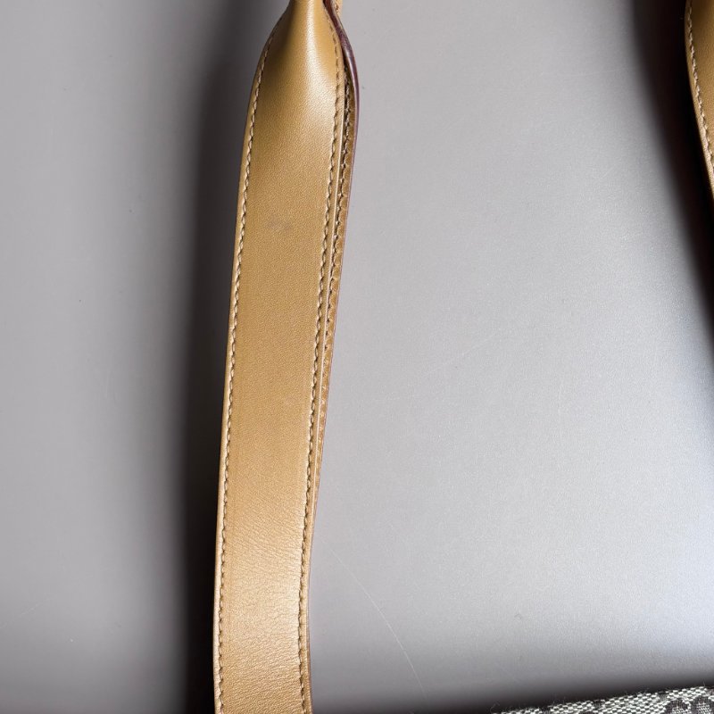 ::GUCCI:: 米色烏木色GG帆布拼接焦糖色牛皮金釦肩背包 手提包 托特包-4