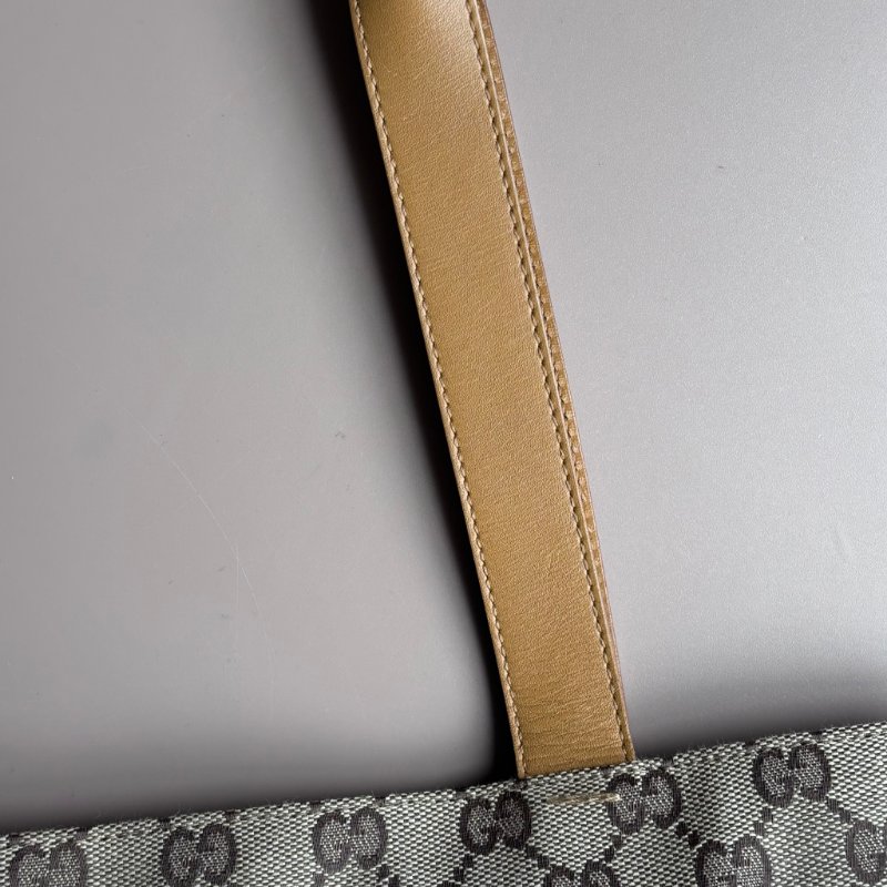 ::GUCCI:: 米色烏木色GG帆布拼接焦糖色牛皮金釦肩背包 手提包 托特包-5