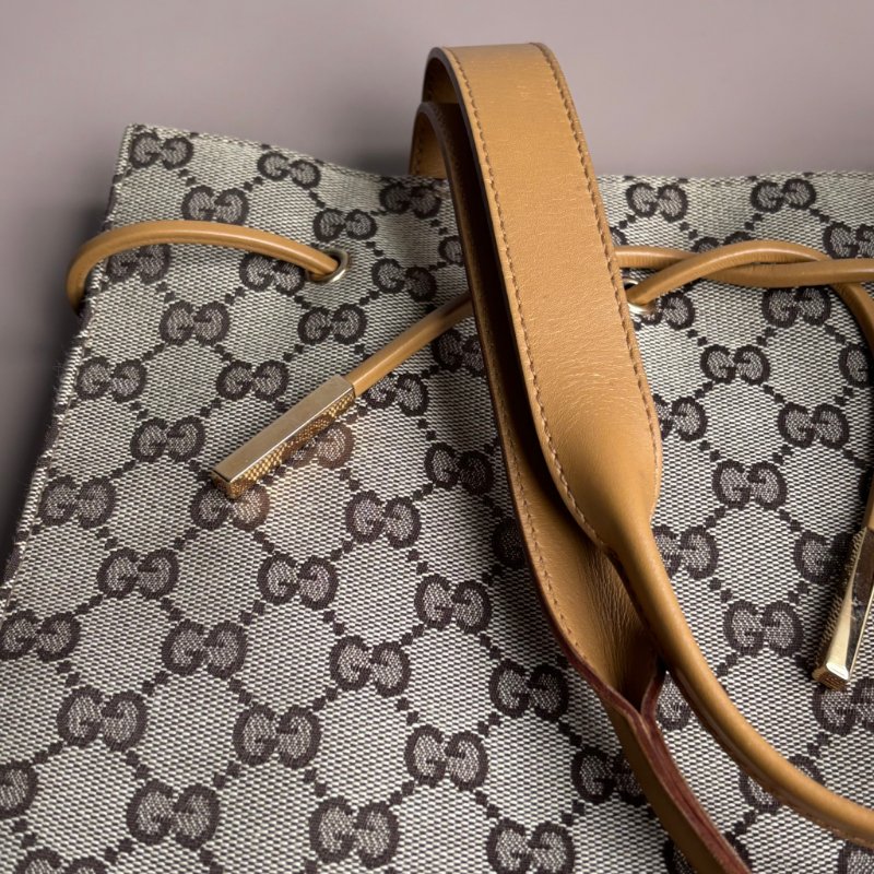 ::GUCCI:: 米色烏木色GG帆布拼接焦糖色牛皮金釦肩背包 手提包 托特包-7